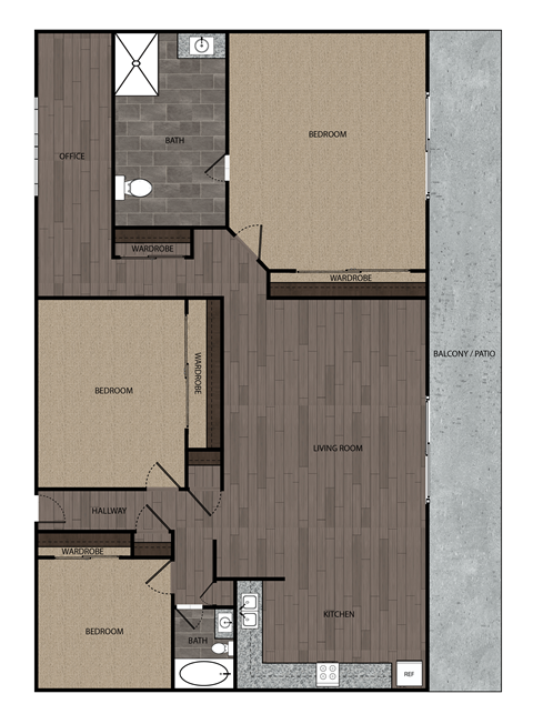 Floor plan for 3 beds, 2 baths, 1200 sqft